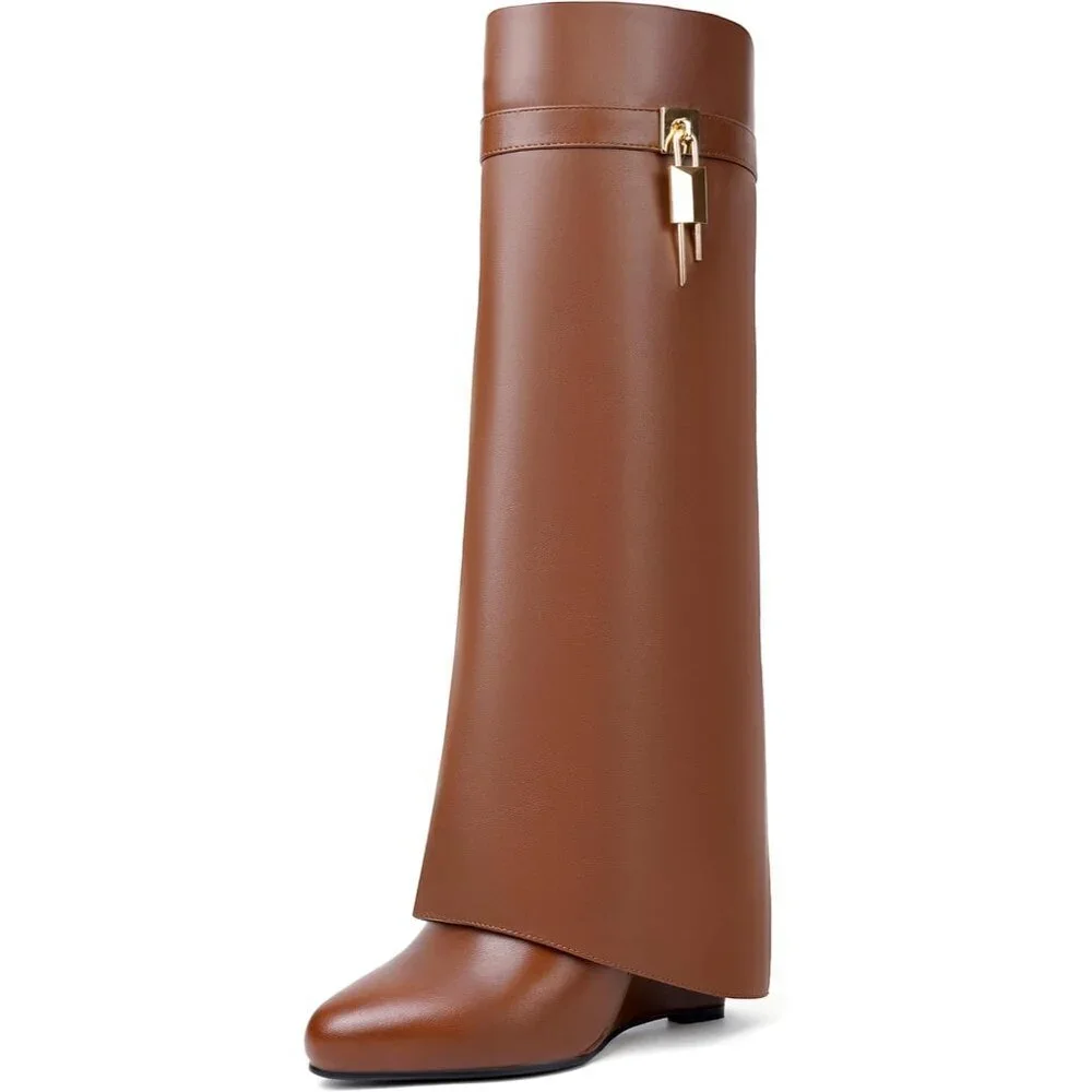 Women Faux Leather Brown Pull-on Wedge Heel Knee Shark Padlock Design Boot